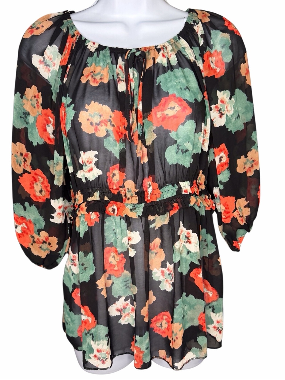 Hazel Black Floral Sheer Peasant Blouse Size Medium